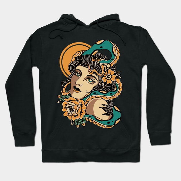 Girl Snake Traditional Vintage Tattoo Hoodie by Afdhal Project